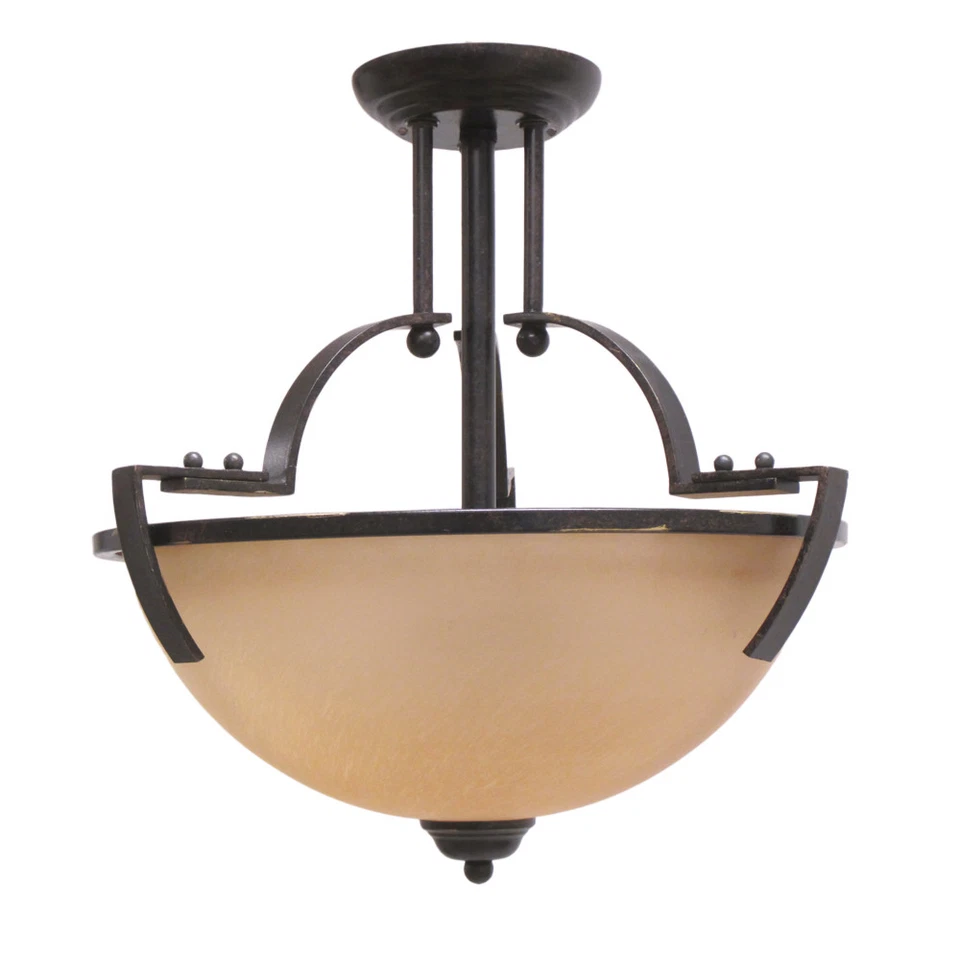 Black With Gold Accent and Amber Frost Glass Semi Flush Ceiling Light - Image 1 of 1
