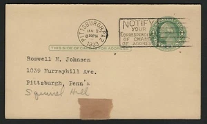US 1933 #UY7 - 1c+1c Tarjeta Postal y Tarjeta de Respuesta Adjunta Pittsburgh PA Usada - Imagen 1 de 5