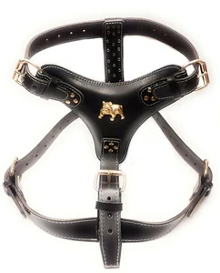 Extra Large Heavy Duty Black Leather Dog Harness with English Bulldog Badge - Picture 1 of 1