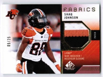 2021 SP GAME USED CFL SHAQ JOHNSON SJ FABRICS PATCH /25 BC LIONS - Image 1 of 2
