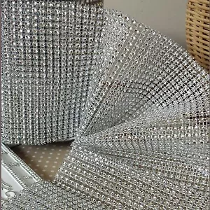 Silver Diamante Effect Mesh Ribbon.Wedding Bridal Rhinestones Cake Crystal Bling - Picture 1 of 3