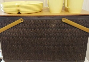 Vintage 1970s Hawkeye by Burlington Woven Picnic Basket W/ Dishes - Picture 1 of 19
