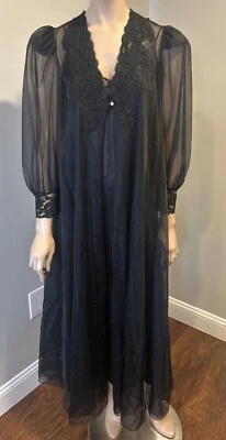 Camisón vintage Olga negro peignoir de gasa detalles de encaje nuevo con etiquetas Foto 1 de 4