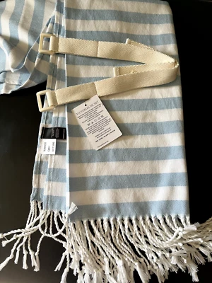 VICTORIAS SECRET MONOGRAM FRINGE BEACH BLANKET BLUE WHITE STRIPED 34"x64" NWT - Image 1 of 4