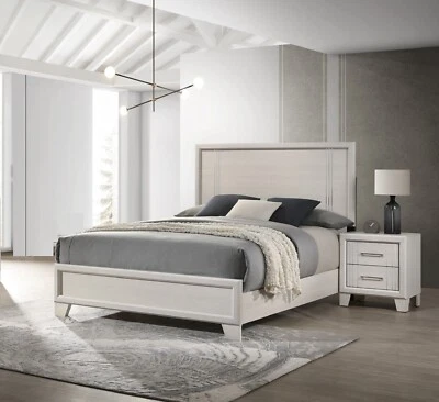 Contemporary Lustrous White Cream Finish Panel King Bed Wooden Bedroom 3pc Set - Image 1 of 4