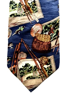 Museum Artifacts Collections Men's Silk Necktie - fishing theme 59x4" - Picture 1 of 6