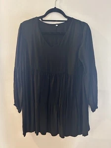 Womens Black Tiered Tunic Top Long Sleeve Vneck Size L Mini Dress Flowy Top - Picture 1 of 5