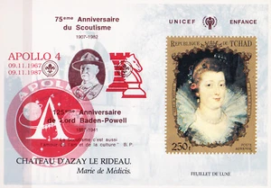 A2 CHAD 0233J (1) DL9R APOLLO 4 CHESS RED OVPT ON SCOUT UNICEF ROYALTY PAINTING - Picture 1 of 1