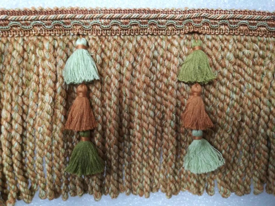 BULLION FRINGE 7" W/HEADER AND TASSELS - BURNT ORANGE/GREENS - Upholstery Trim  - Image 1 of 1