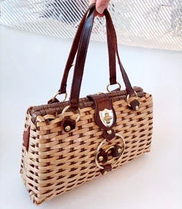 Vintage Korb Handtasche Rattan Handarbeit Hong Kong Drehverschluss Tasche Mid Century - Bild 1 von 12