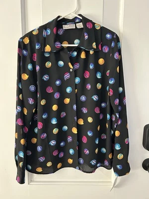 Blusa vintage para mujer Le Caviar mediana abotonada manga larga nueva con etiquetas negra abstracta Foto 1 de 4