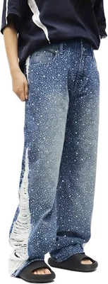 Womens Rhinestone Wide Leg Jeans Sparkly Pearl Bling Y2K Vintage Baggy Denim - Image 1 of 4