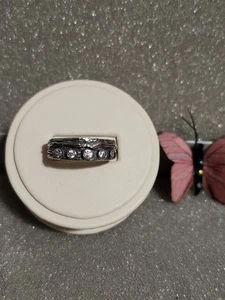 Artisan Crafted Type 925 Oxidized Silver Textured Band Ring Clear Stones Size 9 - Picture 1 of 11