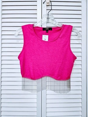 Top corto Papaya rosa sin mangas con flecos plateados para mujer talla pequeña NUEVO Foto 1 de 4