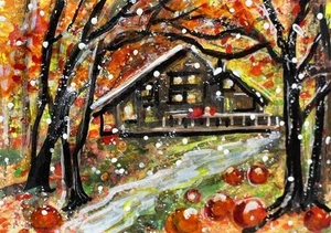 ACEO Original Gemälde BAUM Herbst HÜTTE SCHNEE Landschaft HERBST Blatt Natur ATC ART - Bild 1 von 1