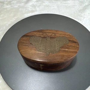 Handmade Oval Walnut Wooden Butterfly Inlay Small Box - Picture 1 of 7