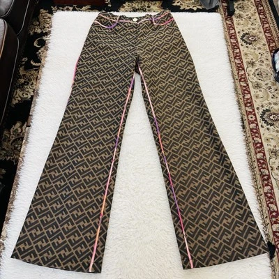 Fendi Zucca FF Logo Monograma con Ribete Multicolor Pierna Ancha Pantalones Talla 42 EE. UU. 28 Foto 1 de 4