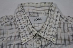 HUGO BOSS Camicia a Maniche Lunghe 40 Bianco Nero Braun Quadri Molto Bene #E7219 - Foto 1 di 1