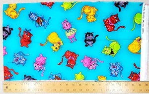 LORALIE Harris Tossed COOL CATS Turquoise Cotton Quilting Fabric 12" x 43½" - Picture 1 of 2