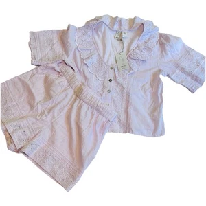 Joie Nachtwäsche Pyjama Set mit kurzen helllila Gr. S Baumwolle Stickerei Ösen  - Bild 1 von 13
