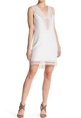 $248 NUEVO CON ETIQUETAS VESTIDO RECTO DE SEDA BLANCO CON OJALES BORDADOS TALLA MOSS Foto 1 de 4