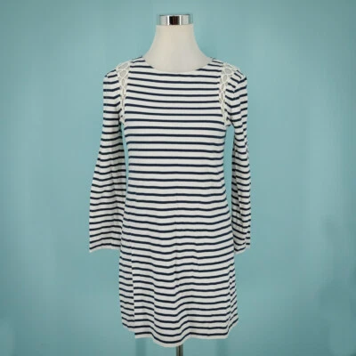 A.L.C. Size XS White Blue Nautical Stripe Open Lace Shoulder Long Sleeve Dress  - Image 1 of 4