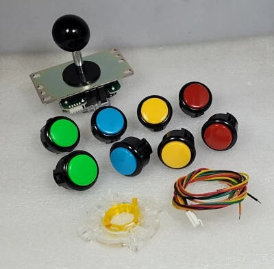 Set of 8 pcs Japan Sanwa Mix Black RYBG Buttons & Black Joystick & GTY Parts - Image 1 of 4