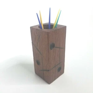 Artisan Handmade Wood Toothpick Holder Modern Circle & Line, Plastic Toothpicks - Picture 1 of 8