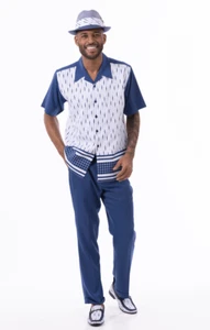 New Montique 2 Pc Walking Suit Short Sleeve Set White Blue Shirt XL, 38 Pants - Picture 1 of 1