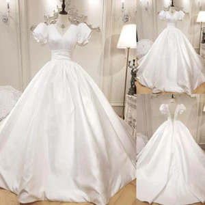 White Vintage Wedding Dresses Satin Princess Puff Sleeves A Line Bridal Gowns - Picture 1 of 10