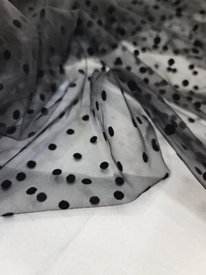 Black Velvet Felted Small Tiny Black Polka Dots Black Tulle Fabric By Yard  - Image 1 of 4
