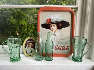 Lot of 6 Vintage Coca Cola Hobble Skirt, Metal Trays, Green Glass Memorabilia - Picture 1 of 24