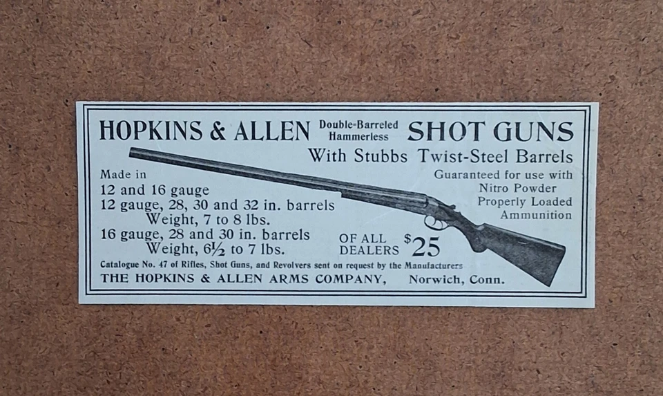 Antique Hunting Firearms - Hopkins & Allen 12 - 16 Gauge Shotguns - 1903 Art AD - Image 1 of 1