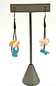 Heishi Stone Beaded Fetish Bear Dangle Pierced Earrings 3" - Picture 1 of 7