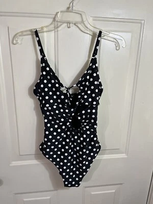 Traje de baño de una pieza para mujer azul marino antiguo talla M. negro con lunares. Foto 1 de 4
