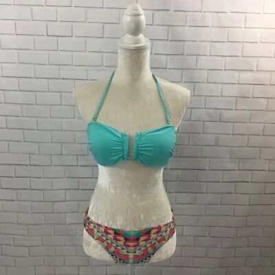 Bar III Bikini Traje de Baño Estampado Geométrico Parte Inferior Turquesa Halter Top 2 Piezas S Foto 1 de 4