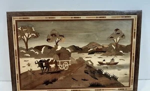 Wood Marquetry Inlay Wall Art - Ox Cart and and landscape - Picture 1 of 7