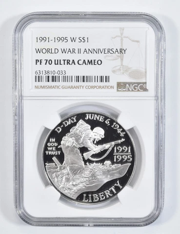 1991-95 1993 World World 2 WWII Commemorative Proof Silver Dollar NGC PF70 Cover