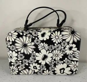 Vintage MOD Black & White Floral 1960s 1970s Vinyl Zippered Luggage Case - Picture 1 of 9