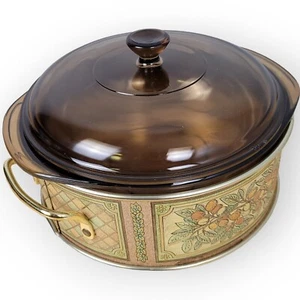 PYREX Amber Casserole Dish With Lid And Metal Ring Carrier #624 Olive Pattern - Picture 1 of 18