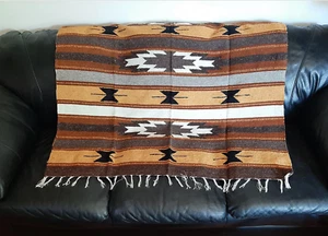 Mexican Blanket Vintage Style Stripe 100% WOOL Yellow Tan Grey Red White Diamond - Picture 1 of 4