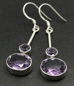 amethyst long drop earrings solid Sterling Silver. Oval & round. New. Gift box. - Picture 1 of 12