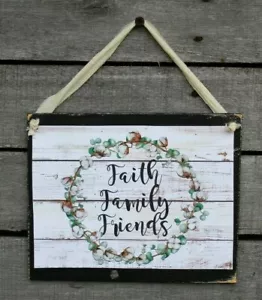 Faith Family Friends Cotton Wreath Farmhouse Hanging Wooden Wall Sign Plaque - Picture 1 of 2