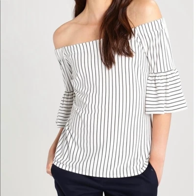 Banana Republic Off the Shoulder Bell Flare Slv Pin Stripe Blouse Black White S - Image 1 of 4