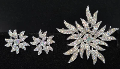 SARAH COVENTRY Aurora Blaze Brooch Clip Earrings Set Vintage AB Rhinestones SP - Image 1 of 4
