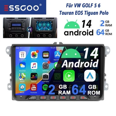 Android 14 Autoradio GPS NAVI USB Carplay Für VW GOLF 5 6 Touran EOS Tiguan Polo - Bild 1 von 4