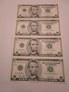 Uncut sheet of four $5 dollar bills - Picture 1 of 2