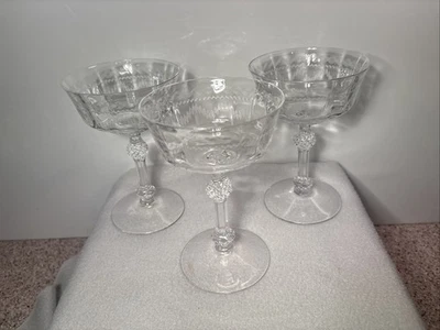 3 Fostoria Castle Geometric Needle Etch #87 Champagne Sherbets 1933 Crystal - Image 1 of 4