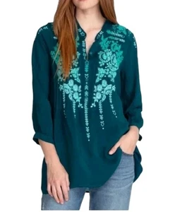 Johnny Was Dark Teal Blue Floral Embroidered Button Down Tunic Blouse size S - Picture 1 of 7
