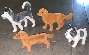 i5 4 MINIATURE FLOCKED DOGS FIGURINE DOLLHOUSE TOYS HUSKY GOLDEN FRENCHIE WEINER - Picture 1 of 17